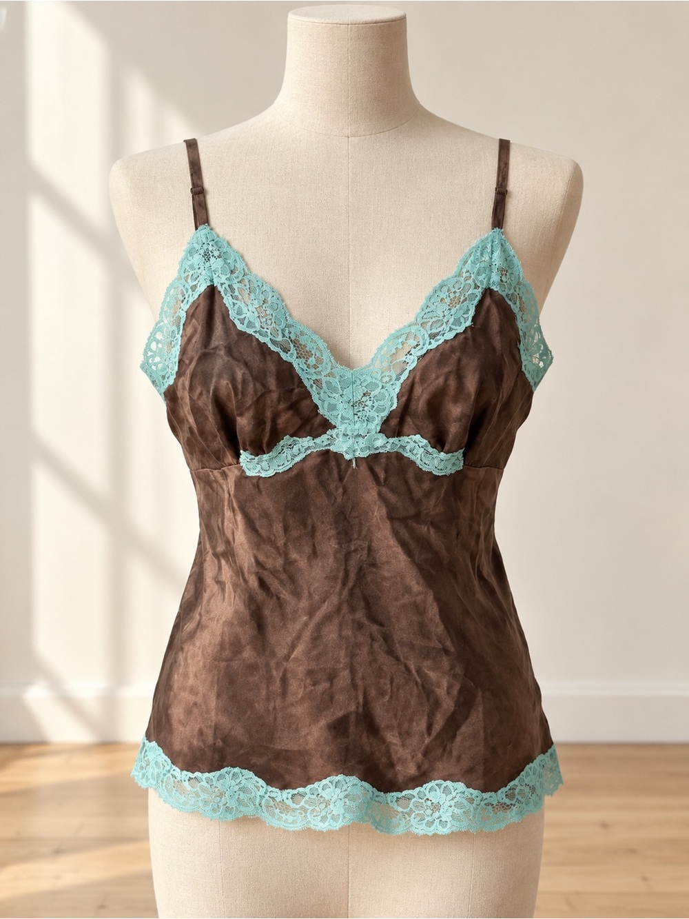 Y2K Gold Hawk 100% Silk Brown Aqua Lace Cami Top S Vintage 2000s
